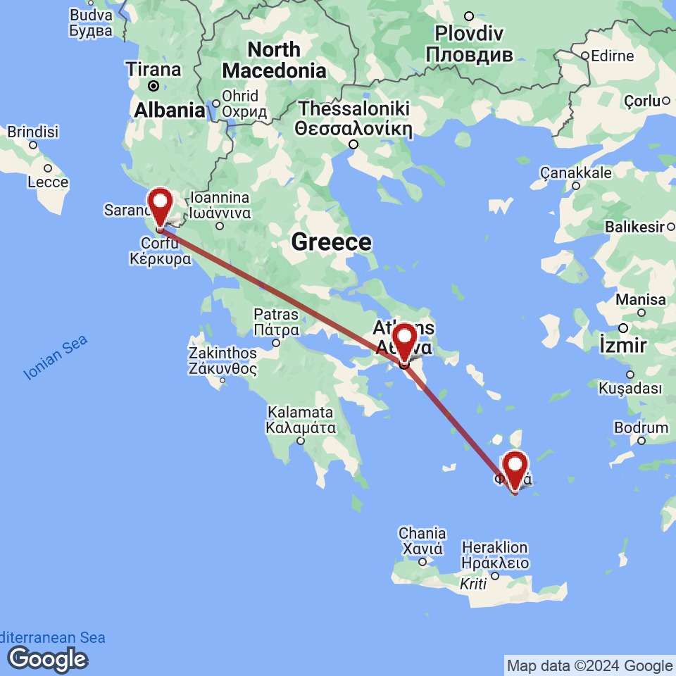 Route for Athens, Corfu, Athens, Santorini tour